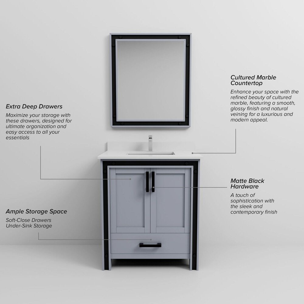 Lexora Home Ziva 30&quot; Single Bathroom Vanity in Dark Grey with 2 cm White Cultured Marble Top and Rectangular Sink, , large