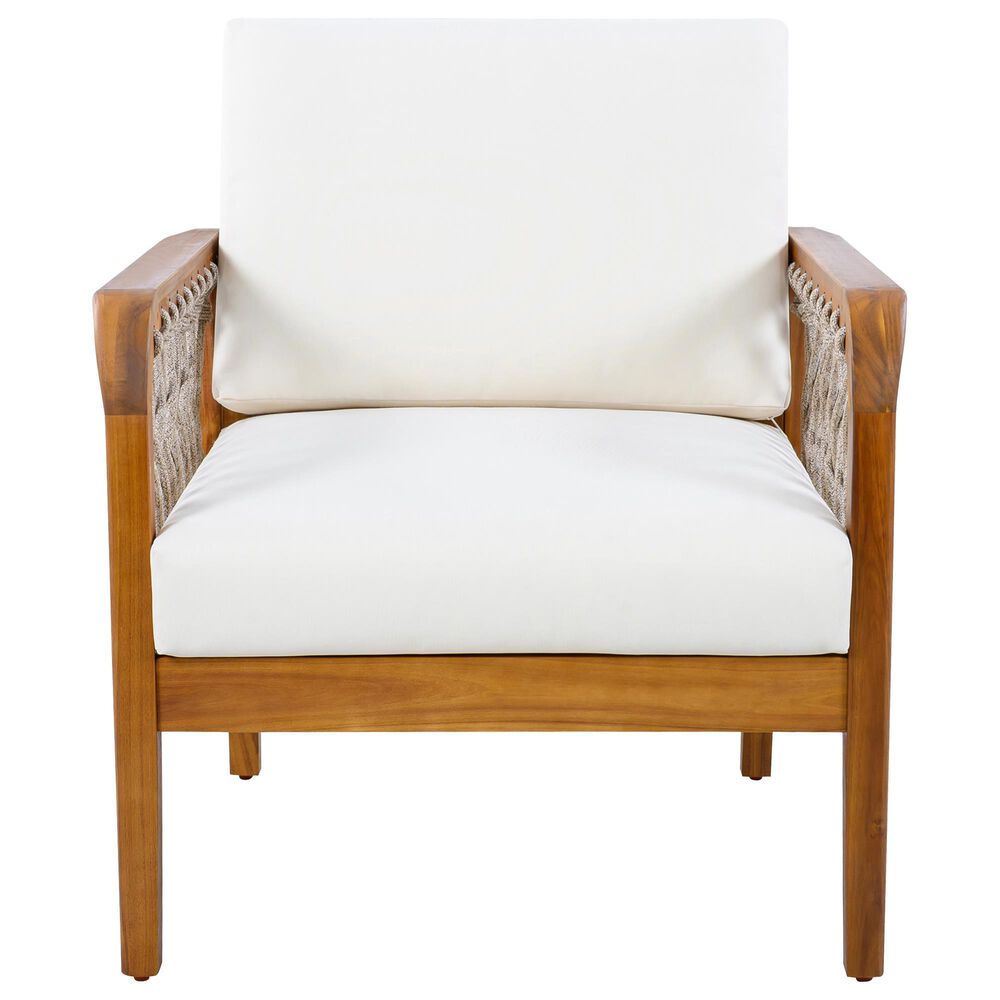 Hearth and Haven Outdoor Club Chair with Handwoven Rope Armrest and Light Teak Frame in Cream, , large