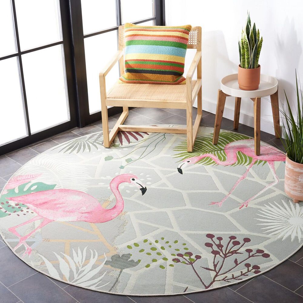 Safavieh Barbados Tropical Flamingo 5'3" Round Grey and Pink Indoor/Outdoor Area Rug, , large