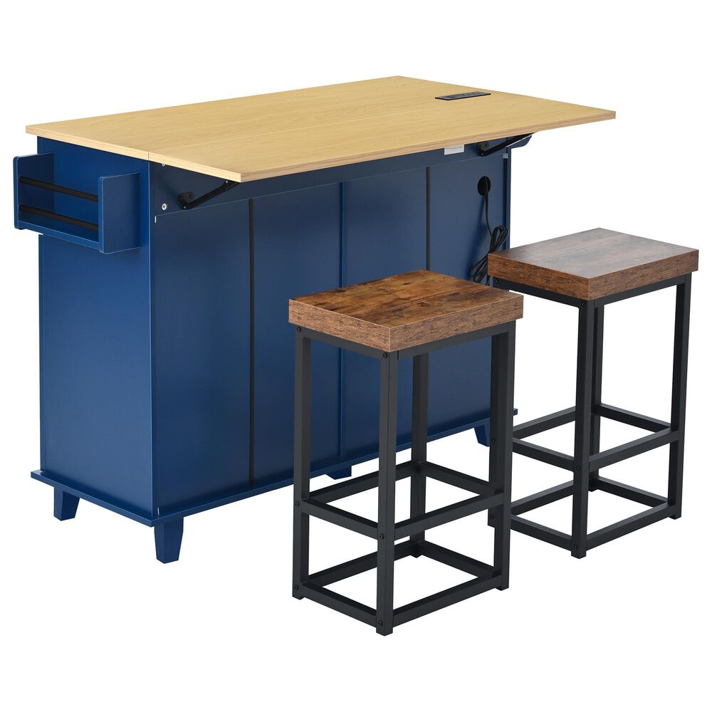HOMLUX Farmhouse Kitchen Island with Drop Leaf and 2 Stools in Blue, Natural, Black and Rustic Brown, , large