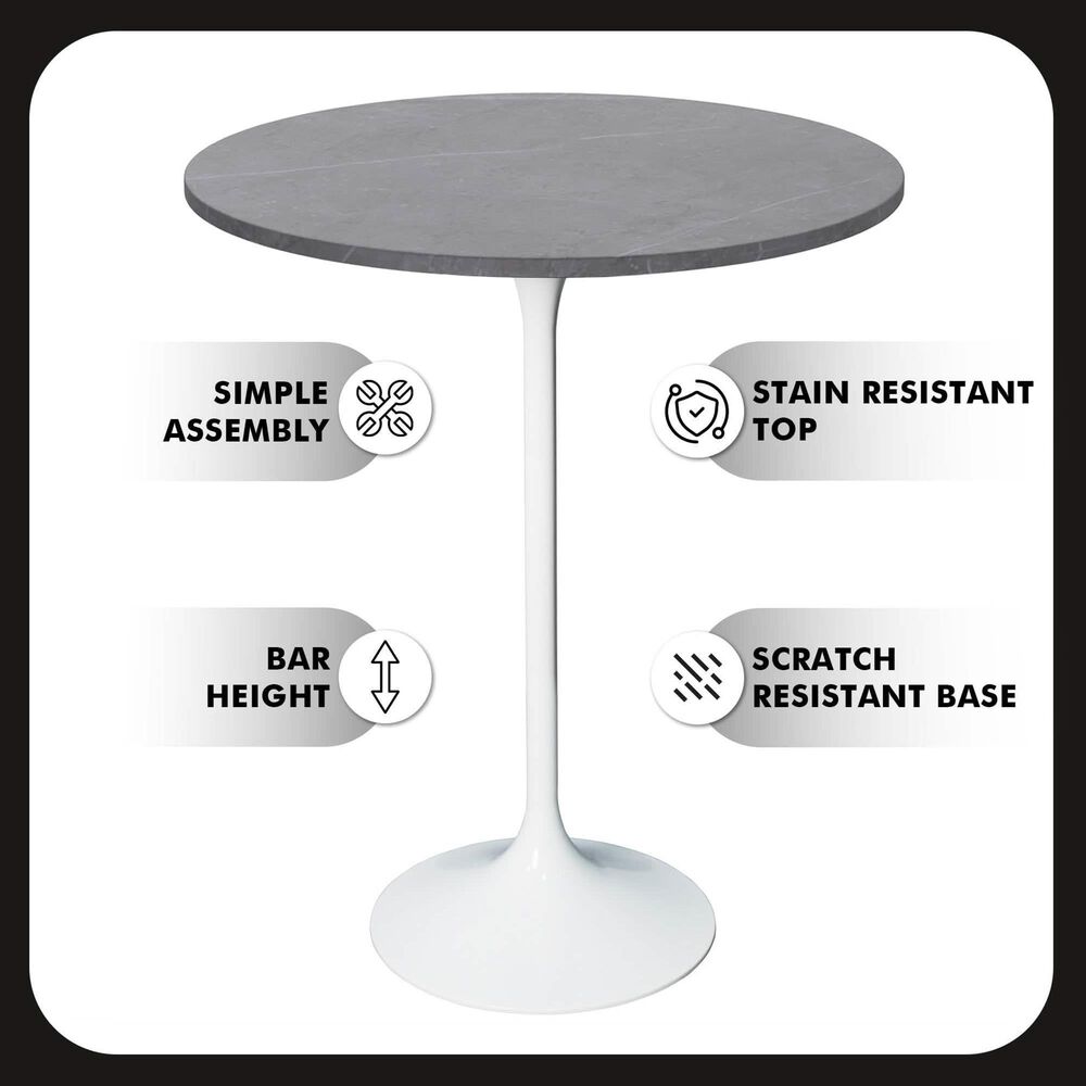 Leisuremod LeisureMod Verve Collection Modern Bar Height Table White Base with 27 Round Marble Grey Sintered Stone Top, , large