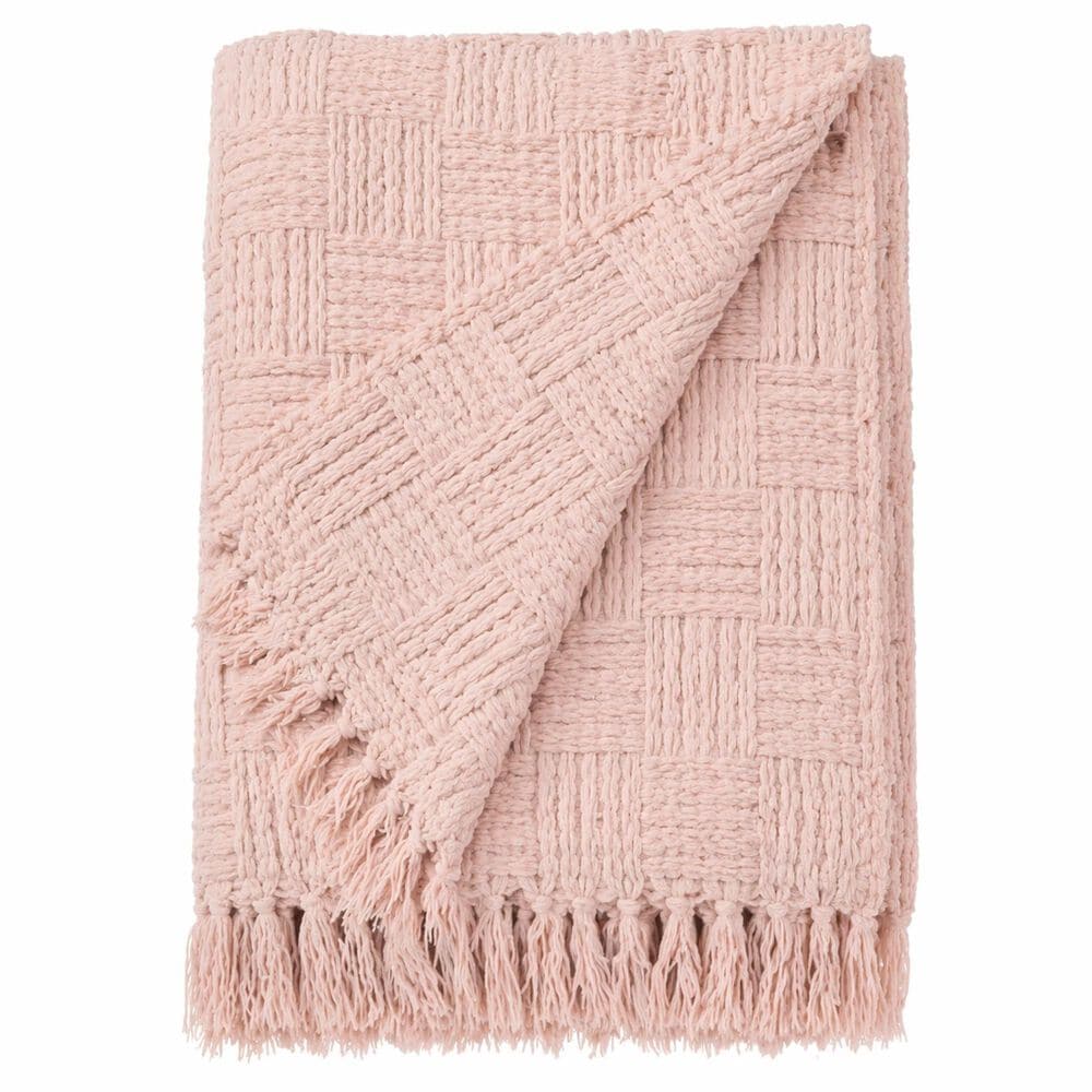 Trade Linker 50" x 70" Chenille Polyester Fringed Basket Throw in Blush, , large