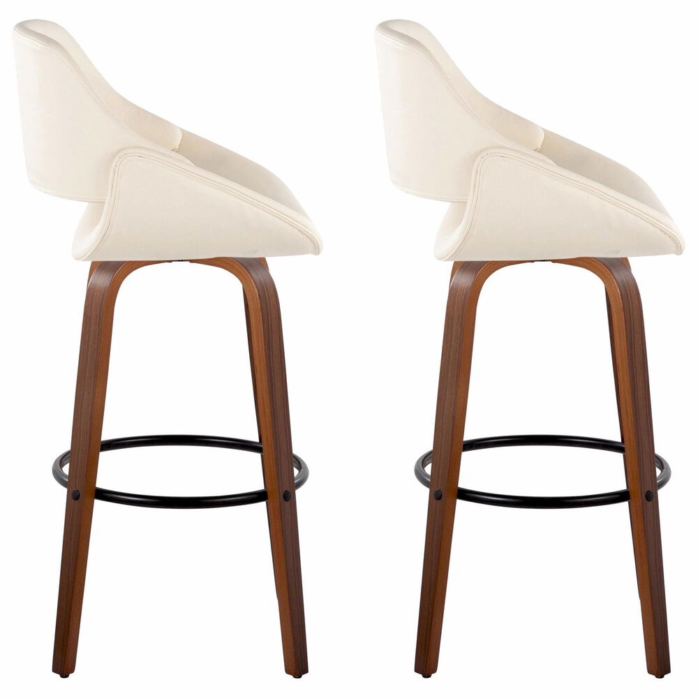 LumiSource Fabrico 30" Swivel Fixed-Height Bar Stool with Cream Faux Leather Upholstery in Black and Walnut (Set of 2), , large