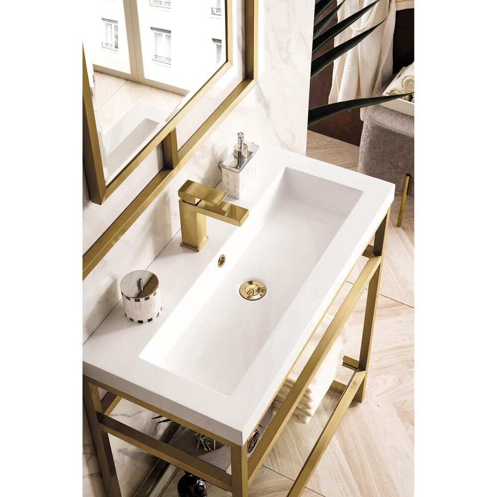 James Martin Vanities Boston 31.5&quot; Single Bathroom Vanity in Radiant Gold with 3 cm White Glossy Resin Countertop and Rectangular Sink, , large