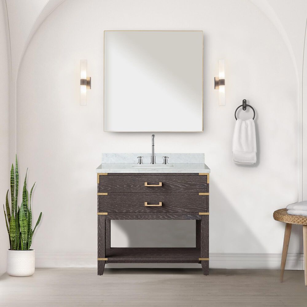Lexora Home Norwalk 36&quot; Single Bathroom Vanity in Brown Oak with White Carrara Marble Top  and Rectangle Sink, , large