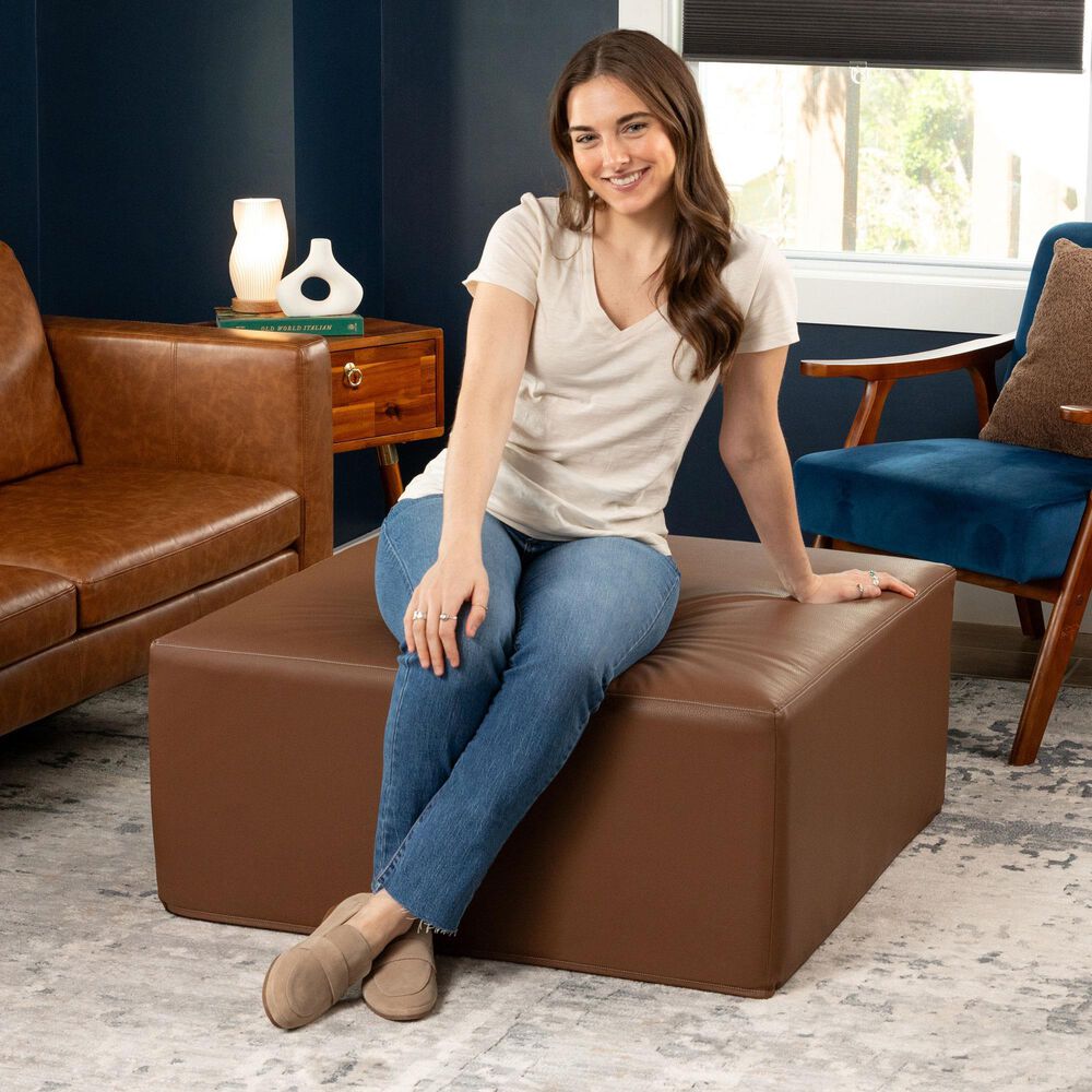 Jaxx Fairlie Faux Leather Ottoman in Walnut, , large
