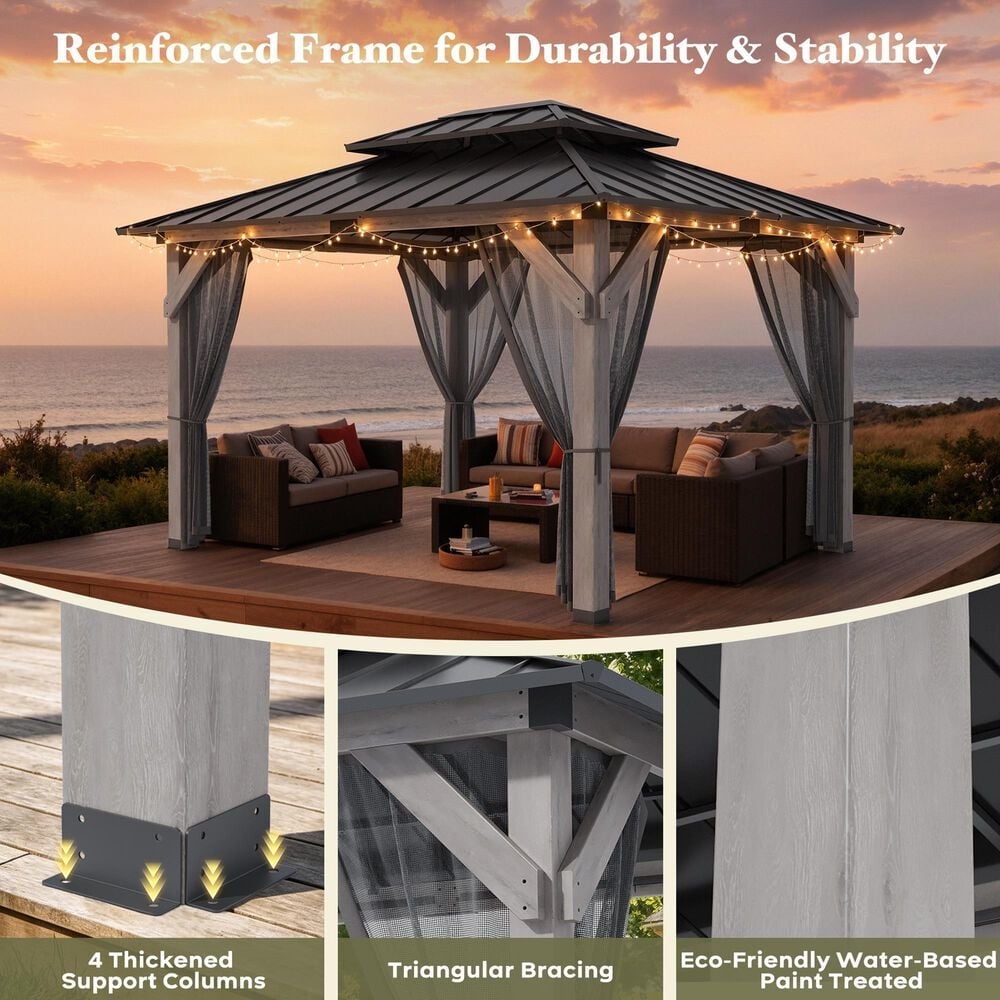 HOMLUX 10' x 12' Patio Hardtop Gazebo with Wood Posts in Light Gray, , large