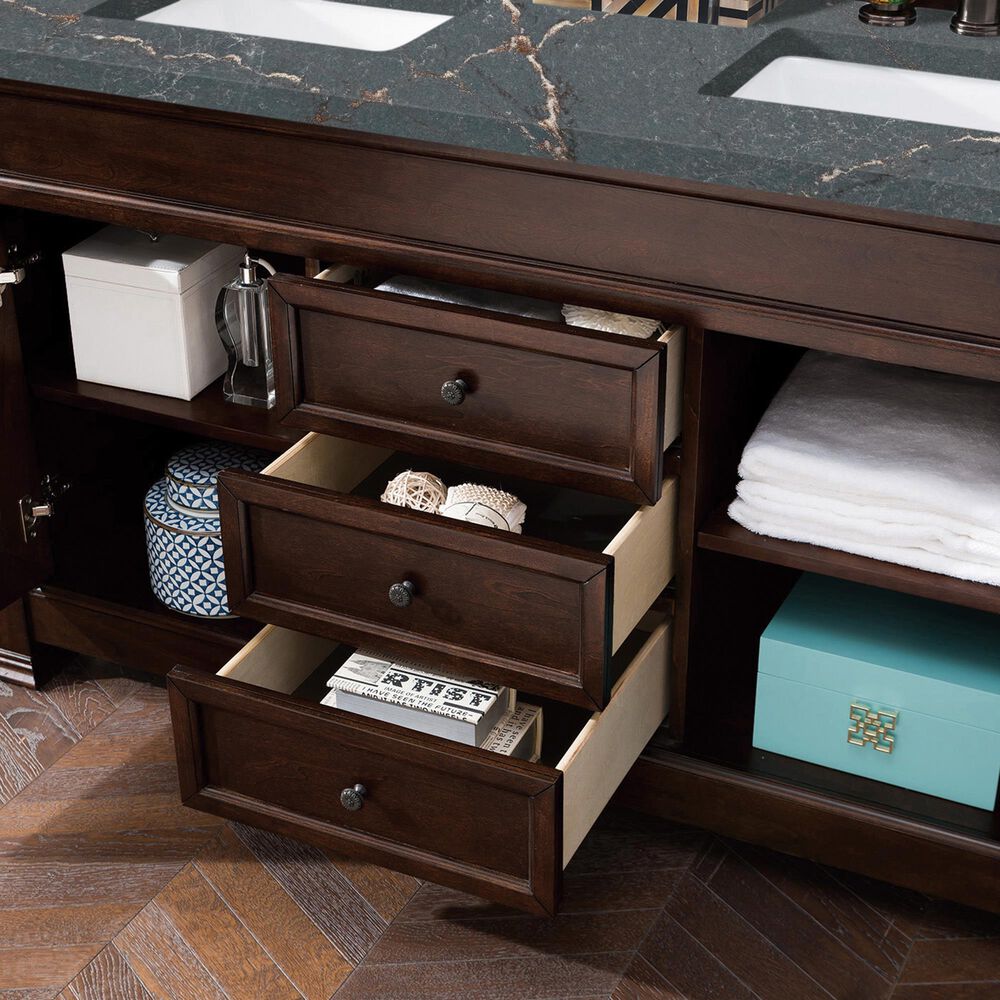 James Martin Vanities Brookfield 60&quot; Double Bathroom Vanity in Burnished Mahogany with Single Hole 3 cm White Zeus Quartz Top and Rectangular Sinks, , large