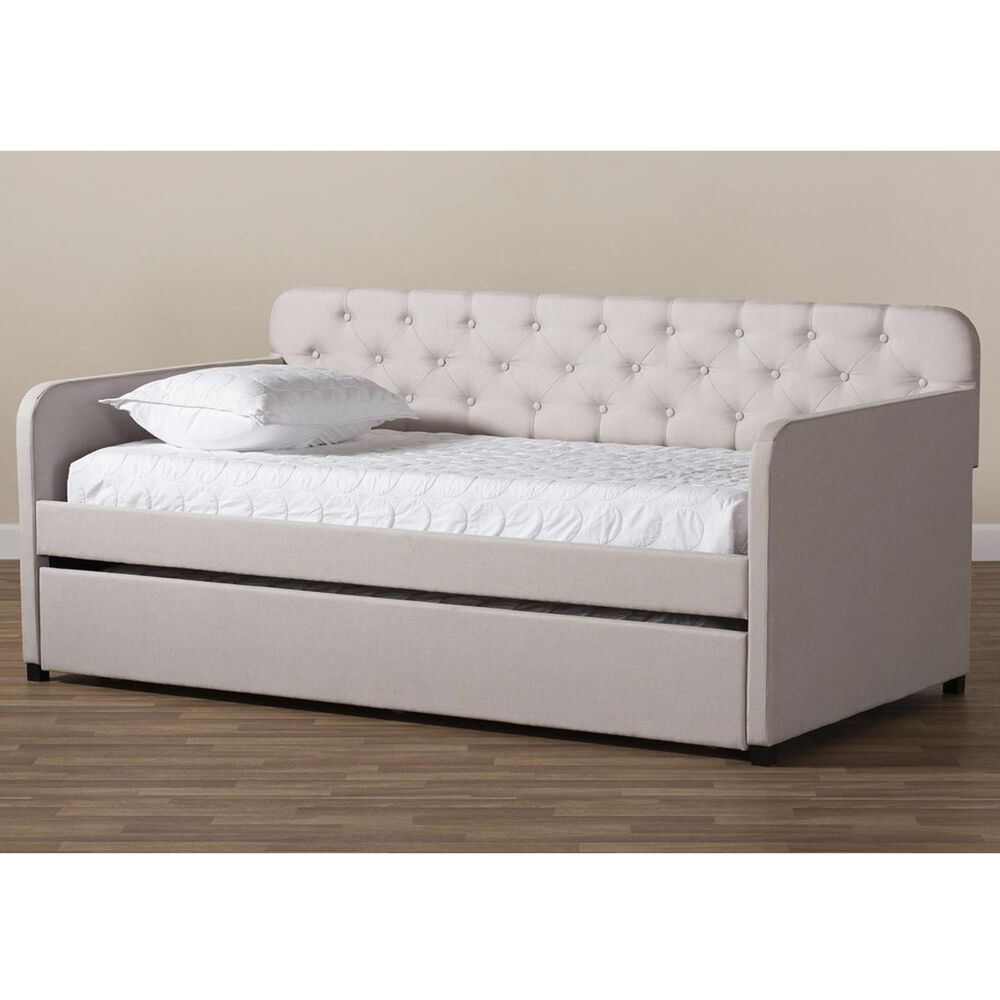 Baxton Studio Camelia Twin Sofa Daybed with Roll-Out Trundle in Beige, , large