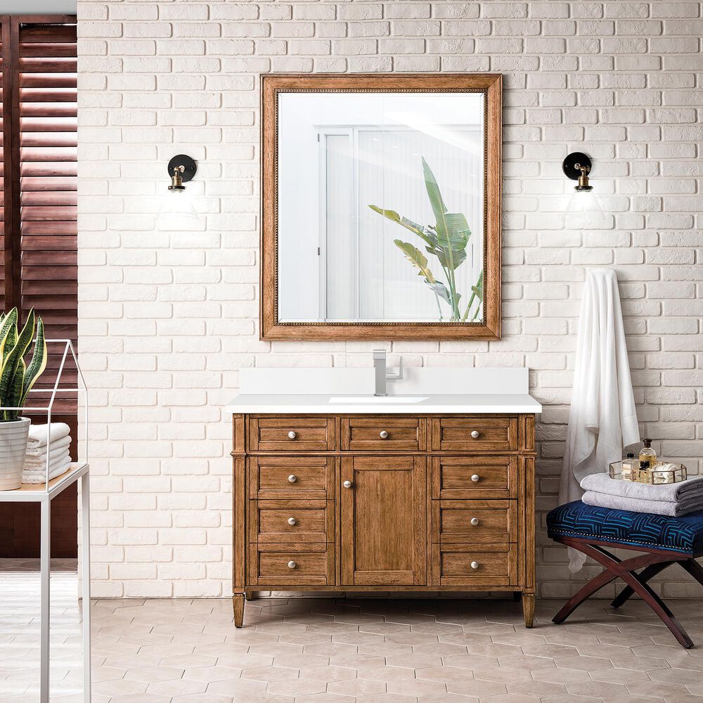 James Martin Vanities Brittany 60&quot; Single Bathroom Vanity in Saddle Brown with 3 cm White Zeus Quartz Top and Rectangular Sink, , large