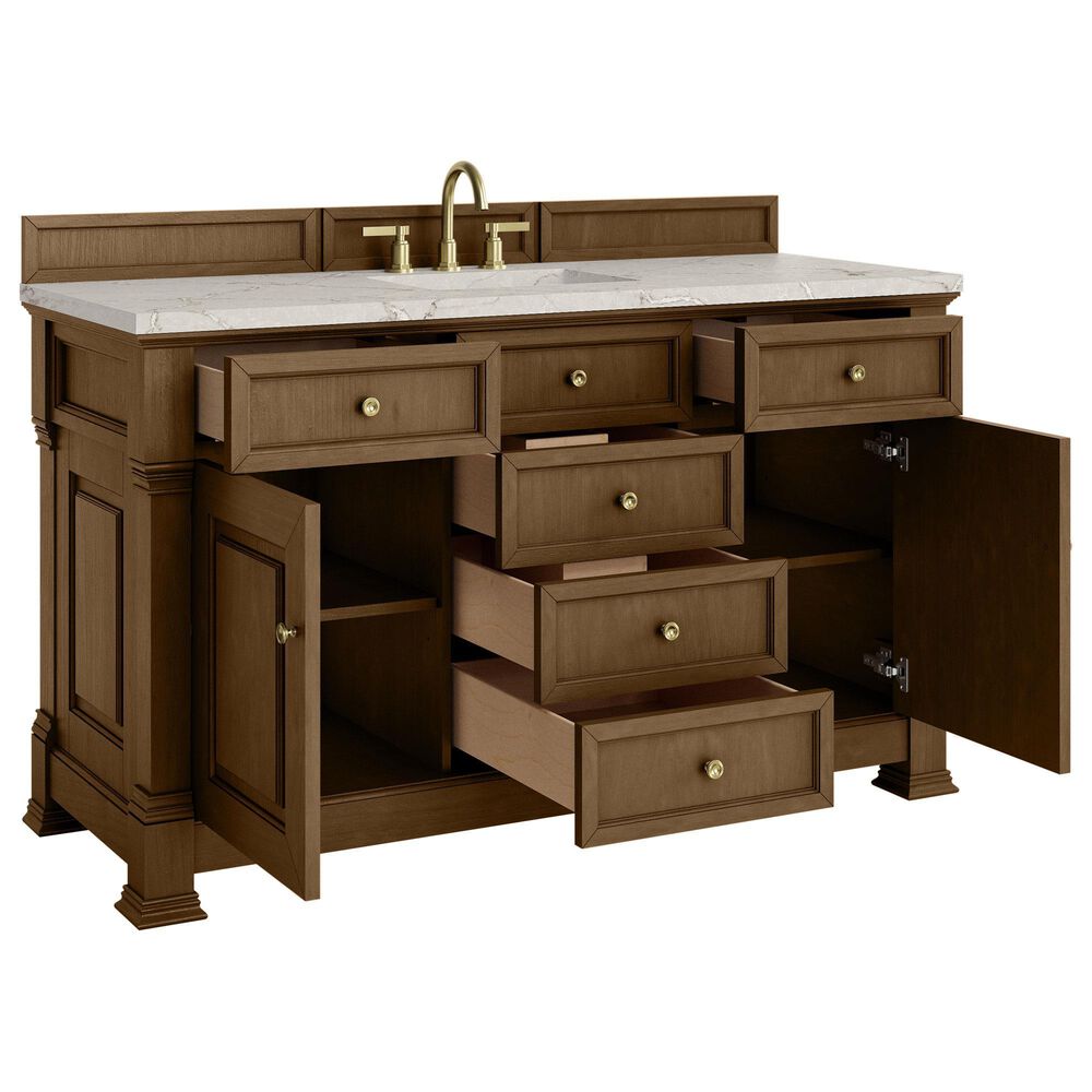 James Martin Vanities Brookfield 60" Single Bathroom Vanity in Honey Oak with 3 cm Victorian Silver Quartz Top, Rectangle Sink and FreePower Wireless Charger, , large