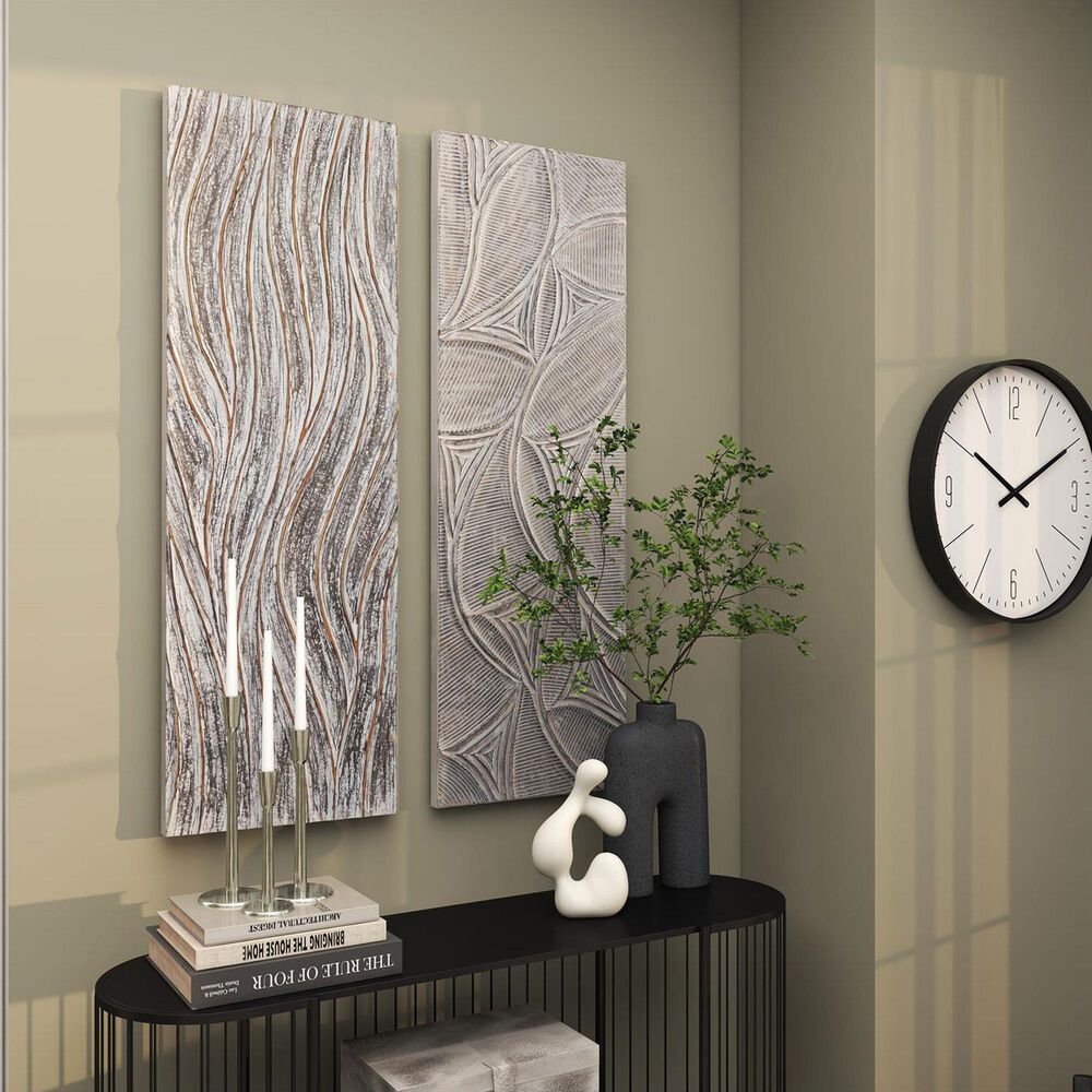 Maple and Jade 48&quot; x 16&quot; Wooden Leaf Intricately Carved Wall Decor in Distressed Gray &#40;Set of 2&#41;, , large