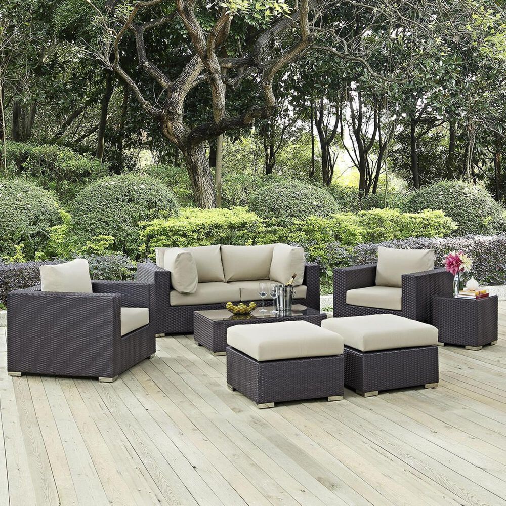 Modway Convene 8-Piece Outdoor Conversation Set in Espresso and Beige, , large