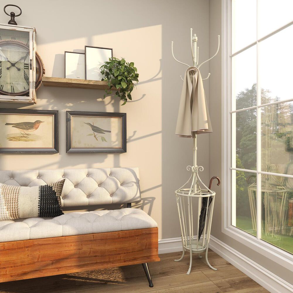 Maple and Jade 12-Hook Freestanding Coat Rack with Umbrella Storage Base in Distressed White, , large