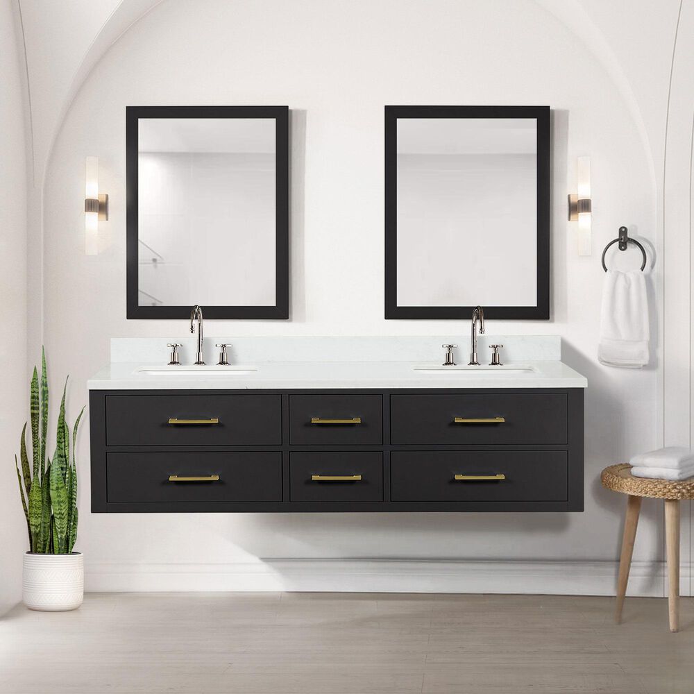 Lexora Home Castor 72&quot; Double Bathroom Vanity in Black with 2 cm White Quartz Top and Rectangular Sinks, , large