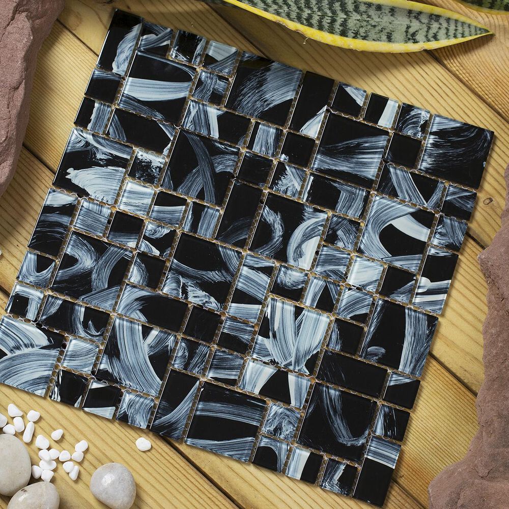 Mirrella Stella Black and Swirled White 12" x 12" Glass Mosaic Sheet, , large