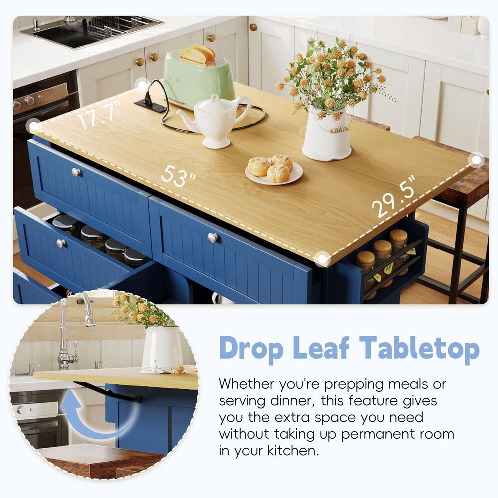 HOMLUX Farmhouse Kitchen Island with Drop Leaf and 2 Stools in Blue, Natural, Black and Rustic Brown, , large