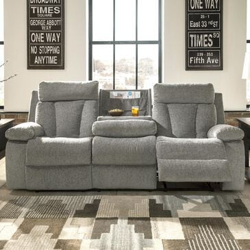 Ashley Mitchiner Manual Recliner Sofa with Drop Down Table in Fog, , large
