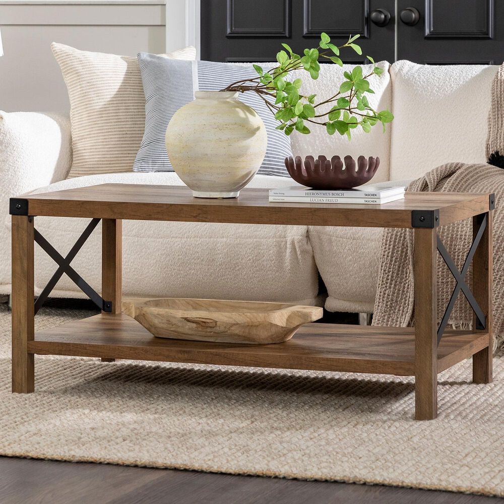Walker Edison Metal X Coffee Table in Rustic Oak and Black, , large