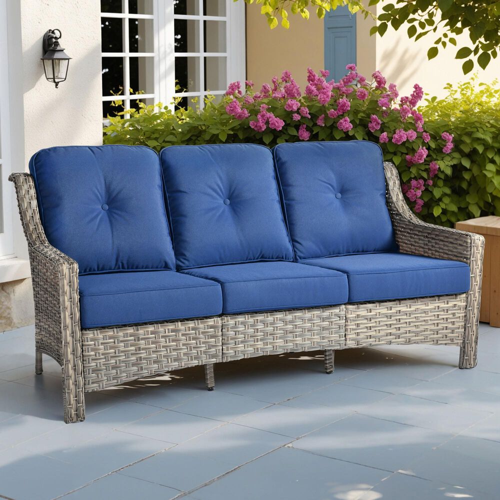HOMLUX Outdoor Wicker Conversation Sofa in Navy Blue, , large