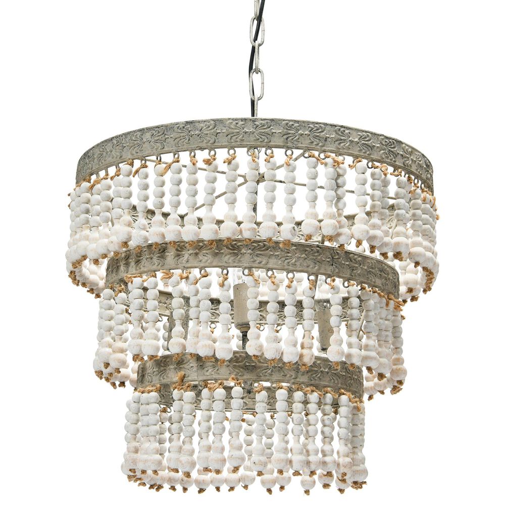 Creative Coop Laurel 3-Tier Wood Bead Chandelier with Antique White Shade, , large
