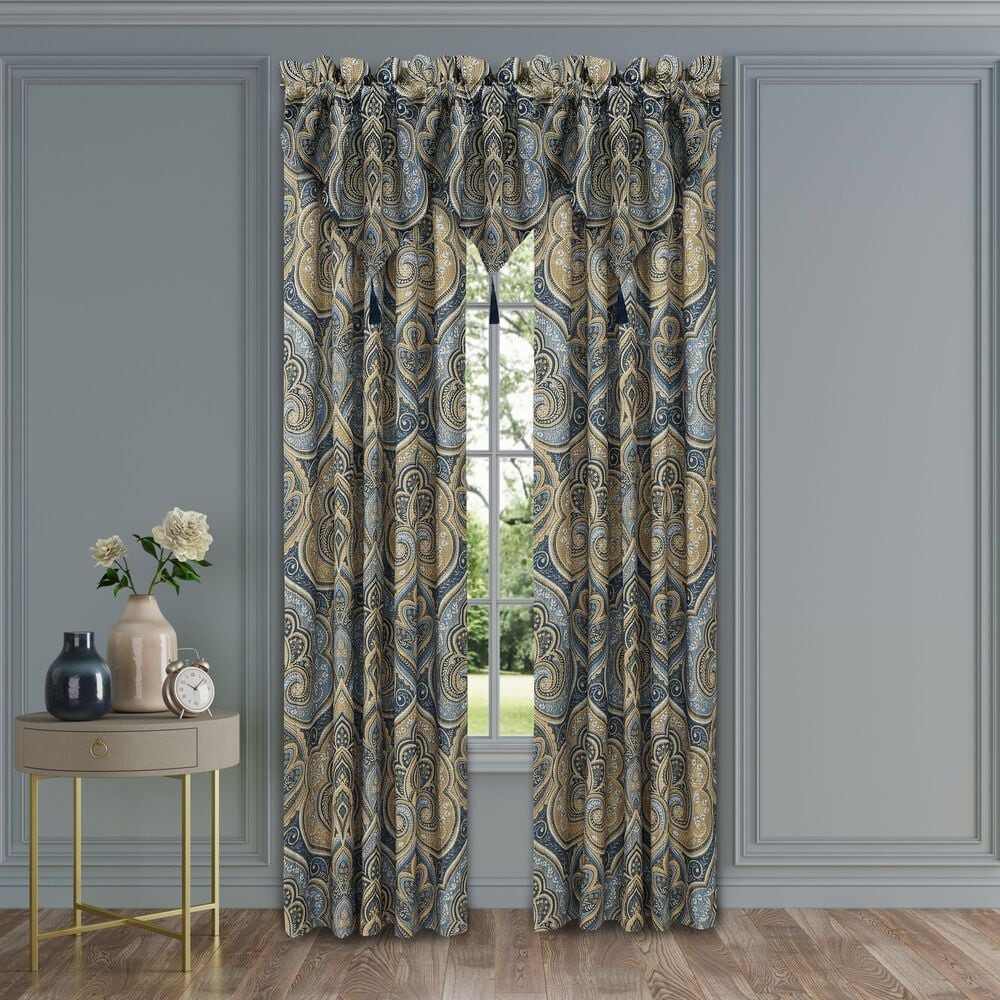 J. Queen New York Messina 40&quot; x 21&quot; Window Ascot Valance in Navy Blue and Gold, , large