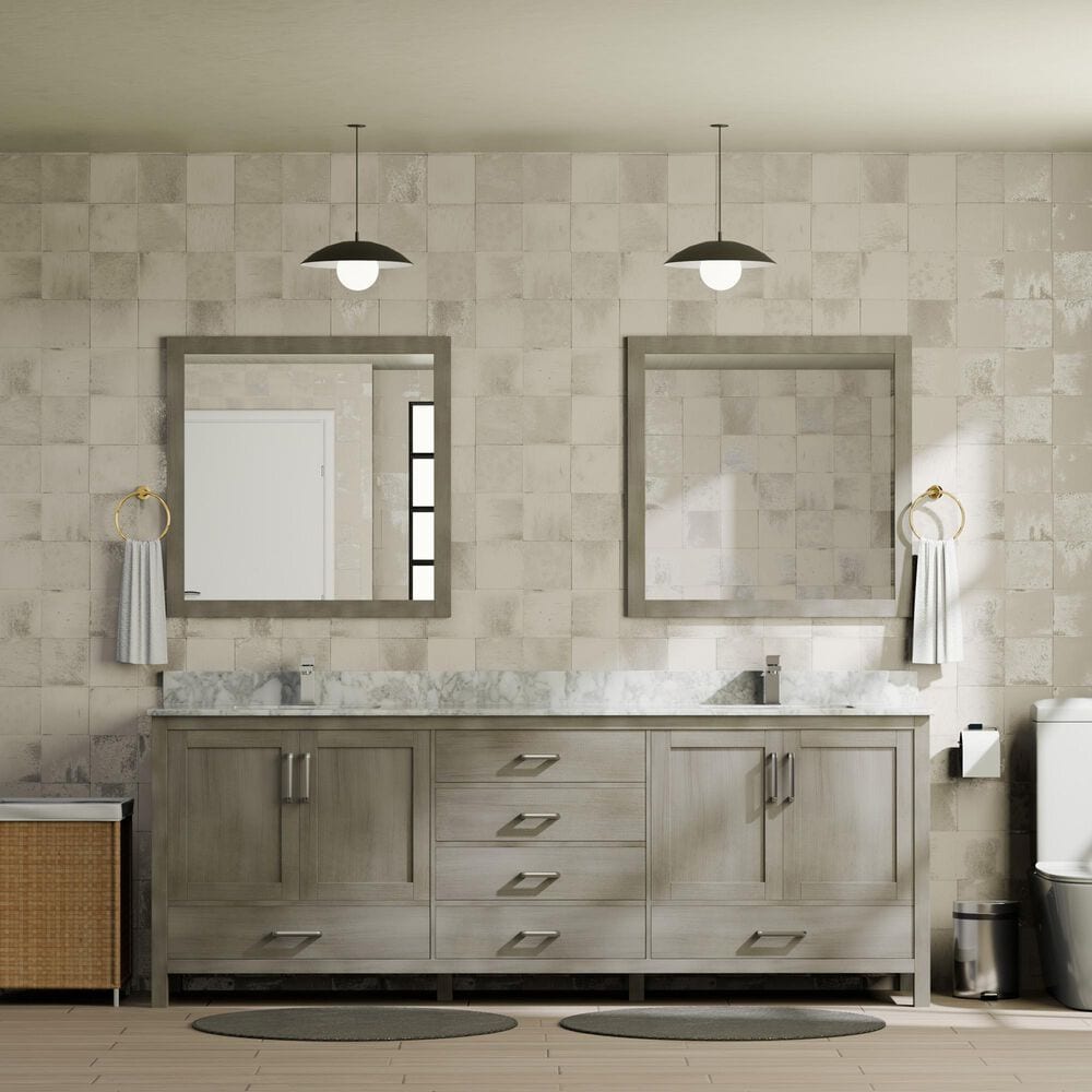 Lexora Home Jacques 80" Double Bathroom Vanity in Distressed Grey with 2 cm White Carrara Marble Top and Rectangular Sinks, , large
