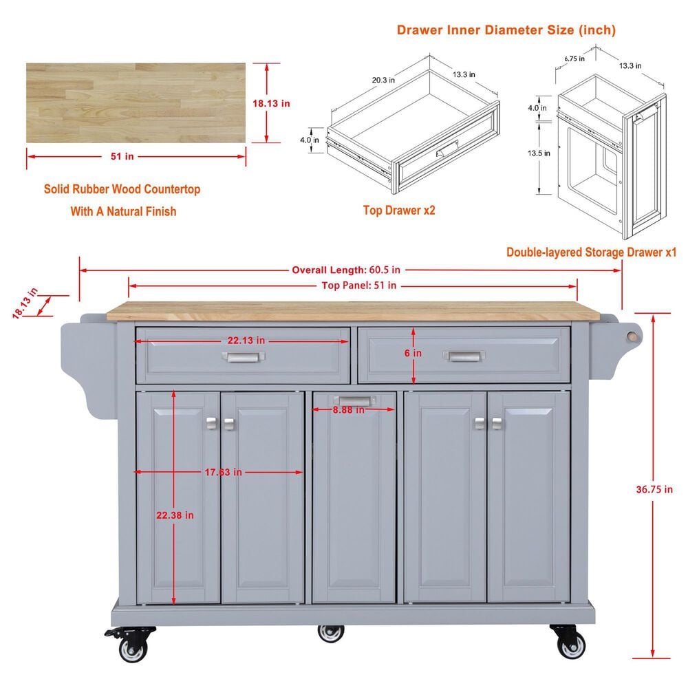 HOMLUX Kitchen Island with Rubber wood Countertop in Grey, , large