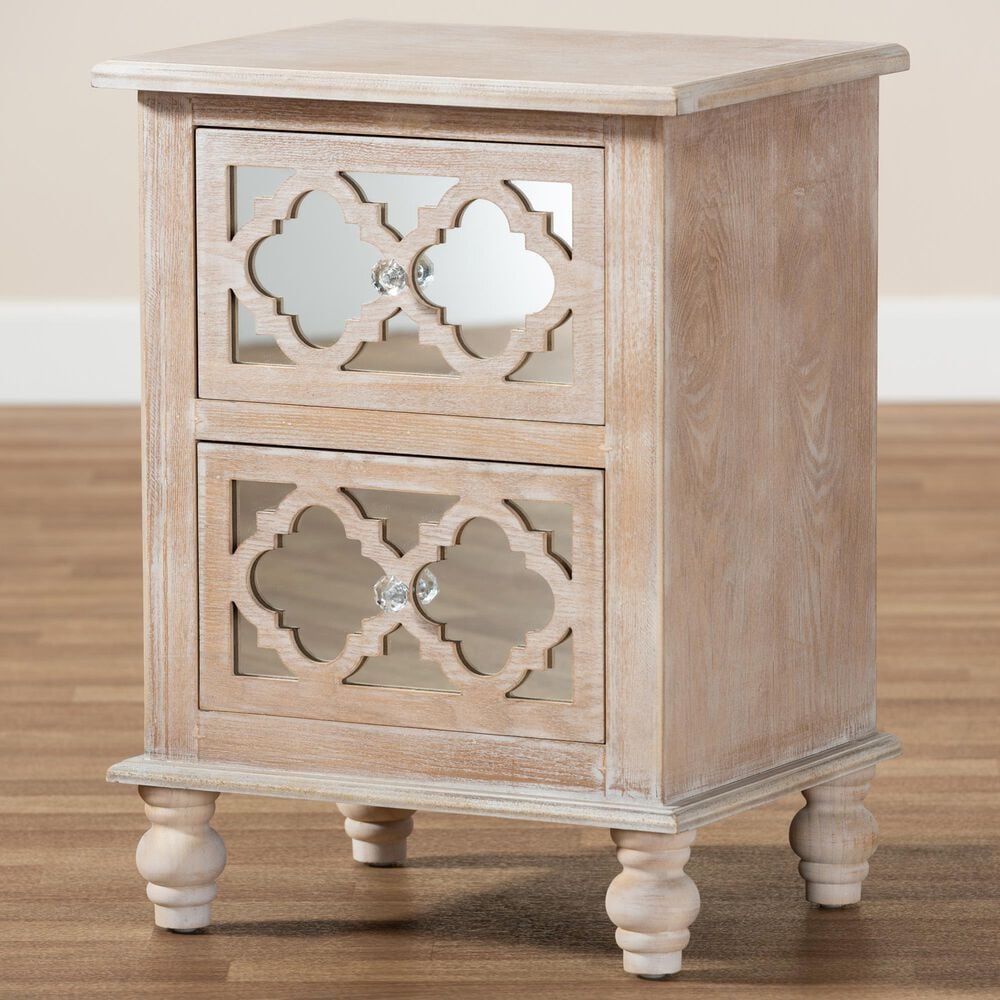 Baxton Studio Celia 2-Drawer Quatrefoil End Table in White Washed Oak, , large