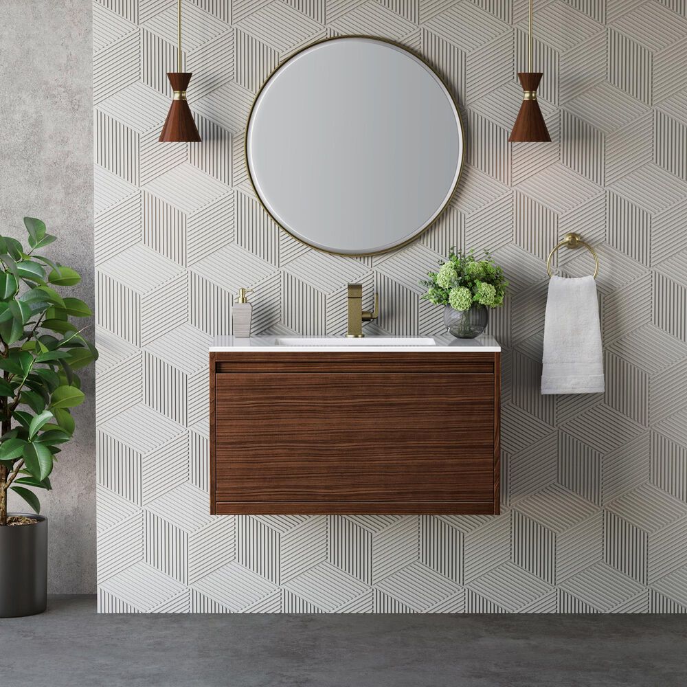 James Martin Vanities Mantova 35.4&quot; Single Vanity in Mid-Century Walnut and Champagne Brass with 3 cm Glossy White Composite Stone Top and Rectangular Sink, , large