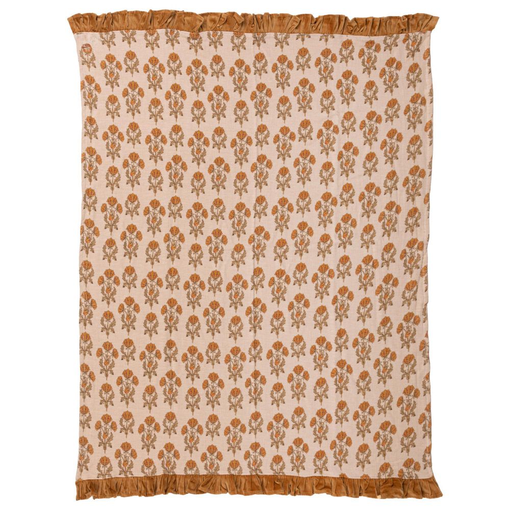 Creative Coop Cozy 60"x 50" Cotton Slub Printed Throw with Velvet Ruffle in Multicolor, , large