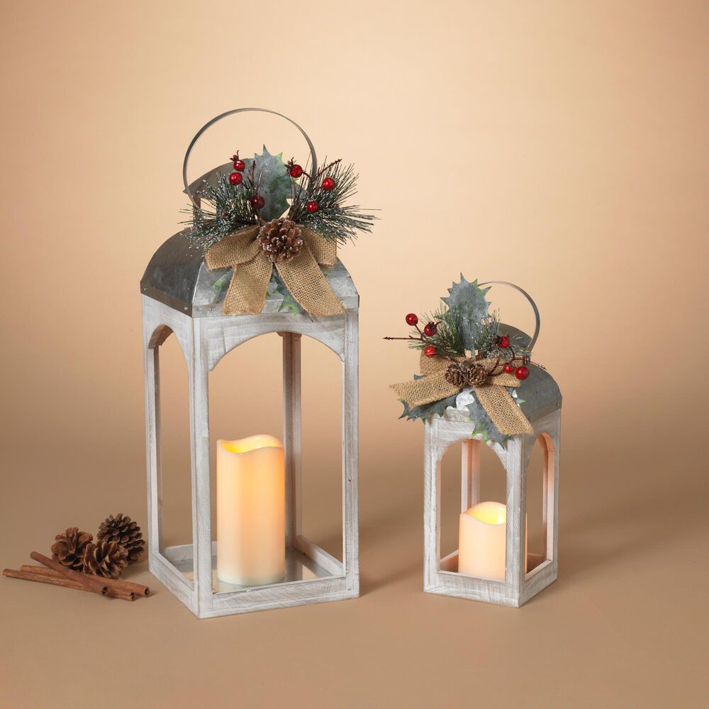 The Gerson Company 2-Piece Holiday Lantern Set with LED Candle and Floral Accent in White, , large