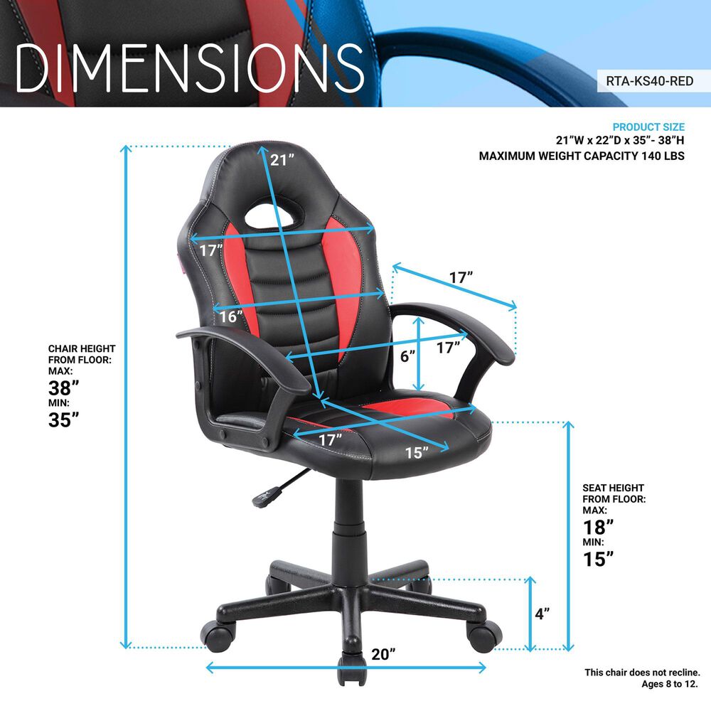 Rta Products Llc Kid&#39;s Gaming and Student Racer Chair with Wheels in Black and Red, , large