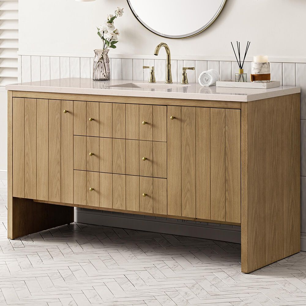 James Martin Vanities Hudson 60&quot; Single Bathroom Vanity in Light Natural Oak with 3 cm Eternal Marfil Quartz Top and Rectangular Sink, , large