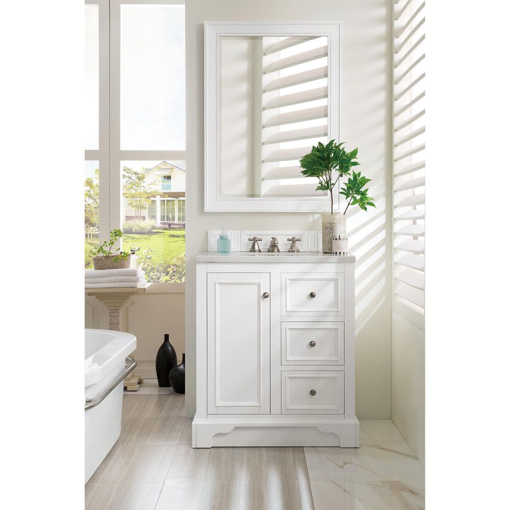 James Martin Vanities De Soto 30&quot; Single Bathroom Vanity in Bright White with 3 cm White Zeus Quartz Top and Rectangular Sink, , large