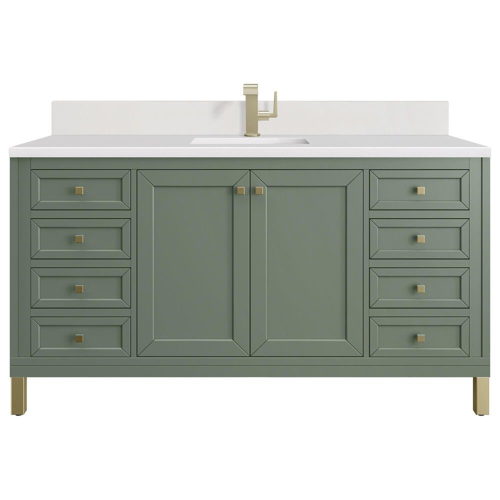 James Martin Vanities Chicago 60" Single Bathroom Vanity in Smokey Celadon with Single Hole 3 cm White Zeus Quartz Top and Rectangular Sink, , large