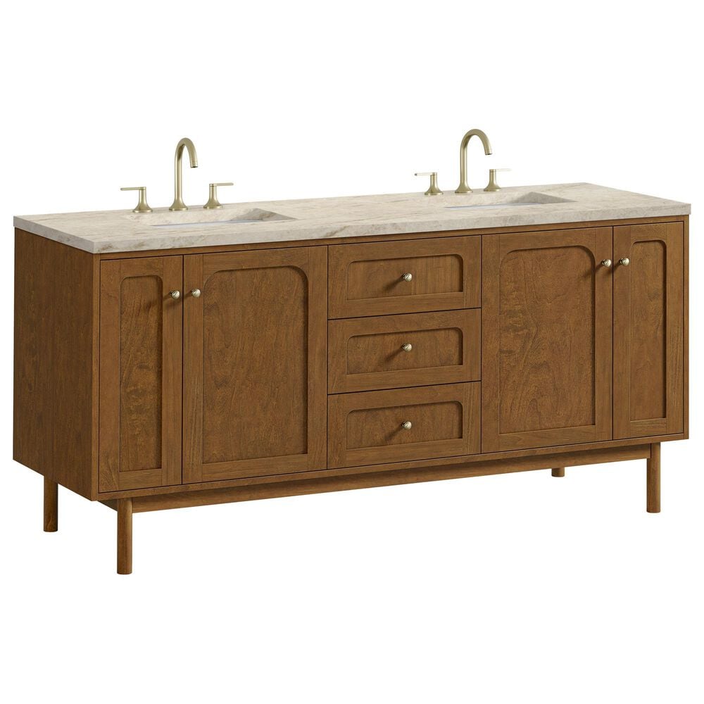 James Martin Laurent 72" Double Bathroom Vanity in Honey Oak with 3 cm Tajnar Eclos Top, Rectangular Sinks and FreePower Wireless Charger, , large