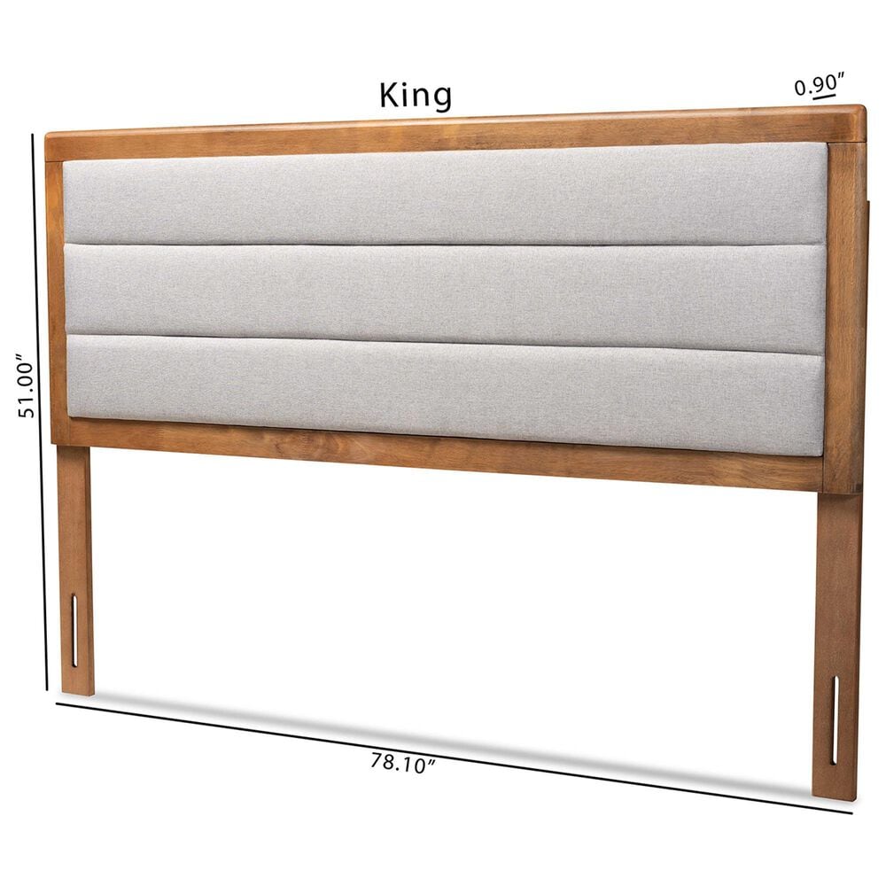 Baxton Studio Dexter King Panel Headboard with Light Grey Fabric in Walnut Brown, , large