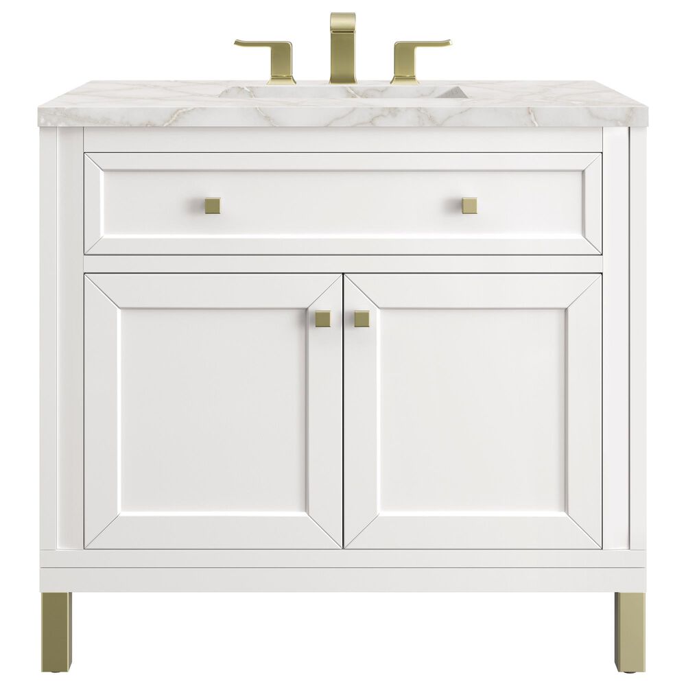 James Martin Vanities Chicago 36&quot; Single Bathroom Vanity in Glossy White with 3 cm Victorian Silver Quartz Top and Rectangular Sink, , large
