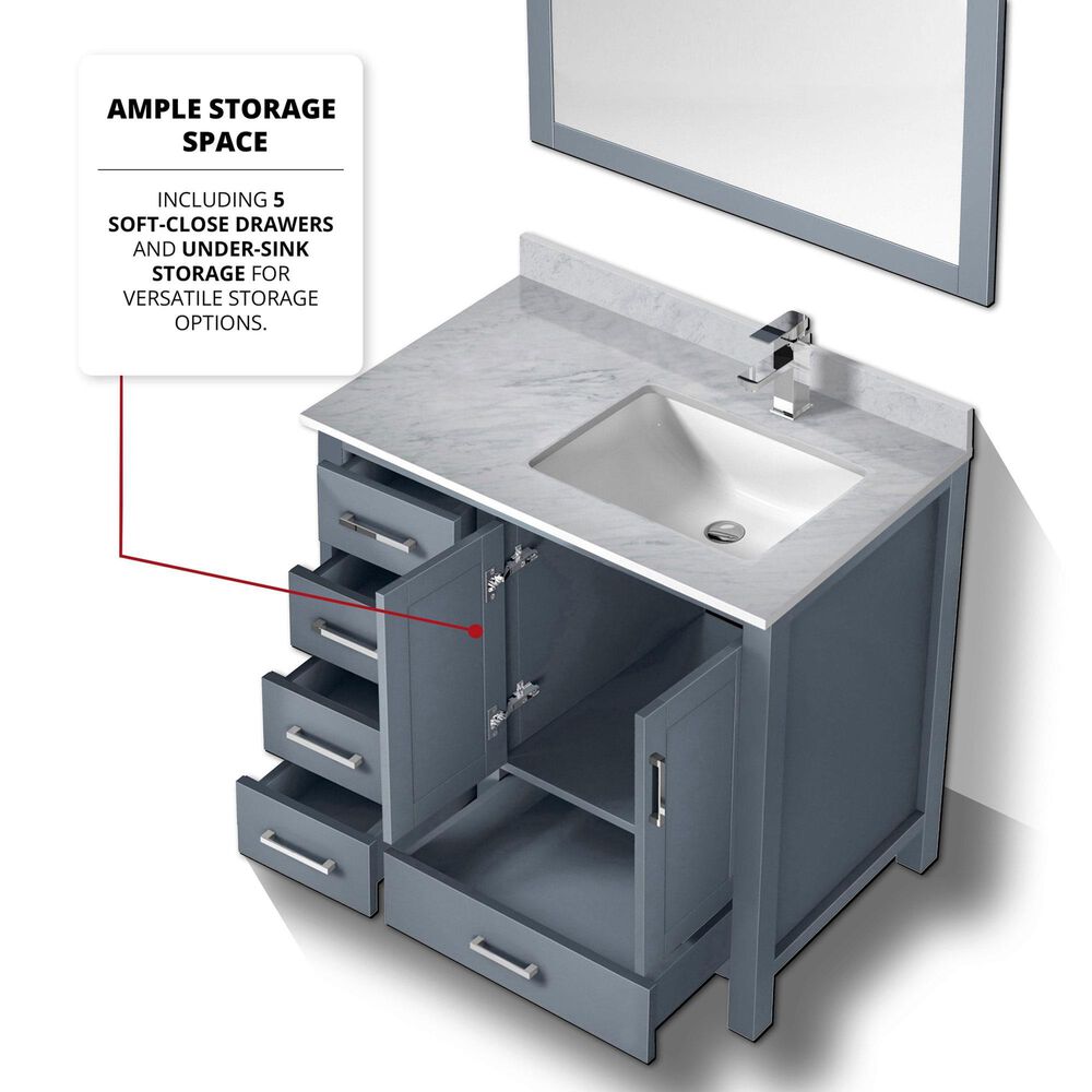 Lexora Home Jacques 36&quot; Right Offset Single Bathroom Vanity in Dark Grey with 2 cm White Carrara Marble Top and Rectangular Sink, , large