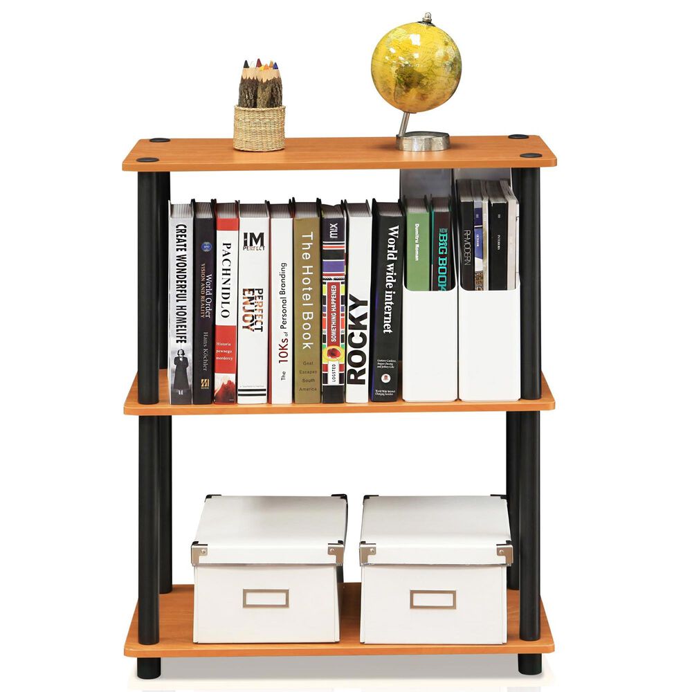 HOMLUX 3-Tier Compact Open Storage Bookshelf in Light Cherry and Black, , large