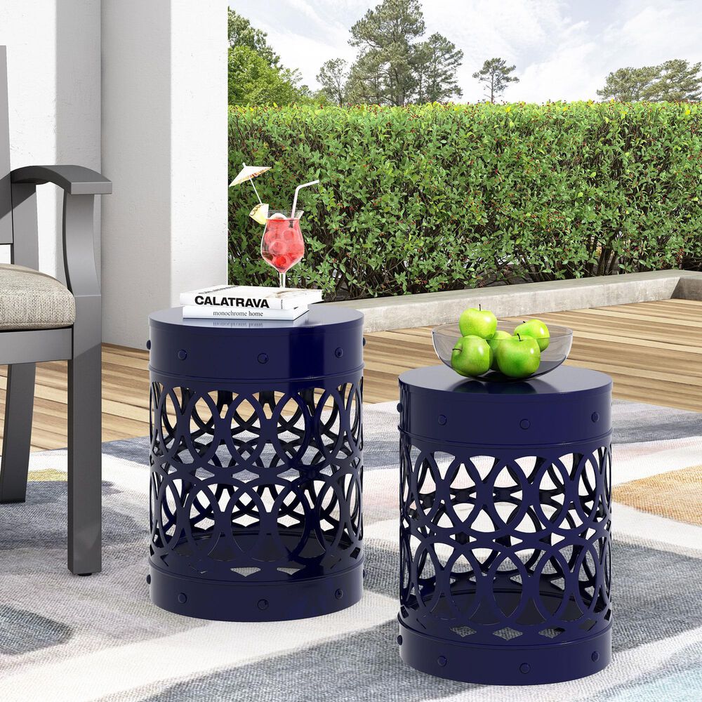 Hearth and Haven Cylindrical-Shaped Iron Patio End Table in Navy Blue &#40;Set of 2&#41;, , large