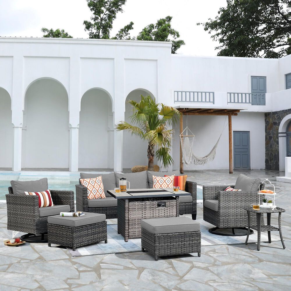 HOMLUX 7-Piece Patio Conversation Set with Rocking Chairs and Fire Pit Table in Dark Grey, , large