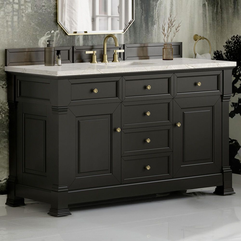 James Martin Vanities Brookfield 60" Single Bathroom Vanity in Black Onyx with 3 cm Victorian Silver Quartz Top and Rectangular Sink, , large
