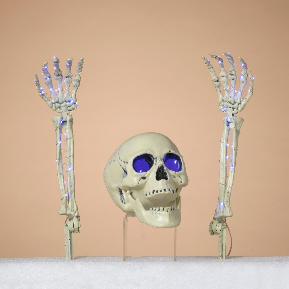 The Gerson Company 3-Piece Lighted Skull and Skeleton Hands in White, , large
