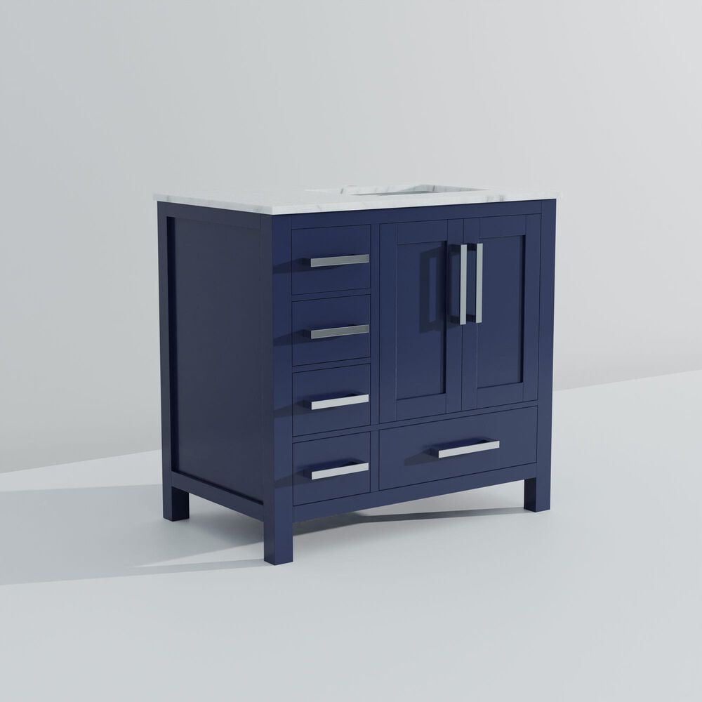 Lexora Home Jacques 36&quot; Right Offset Single Bathroom Vanity in Navy Blue with 2 cm White Carrara Marble Top and Rectangular Sink, , large