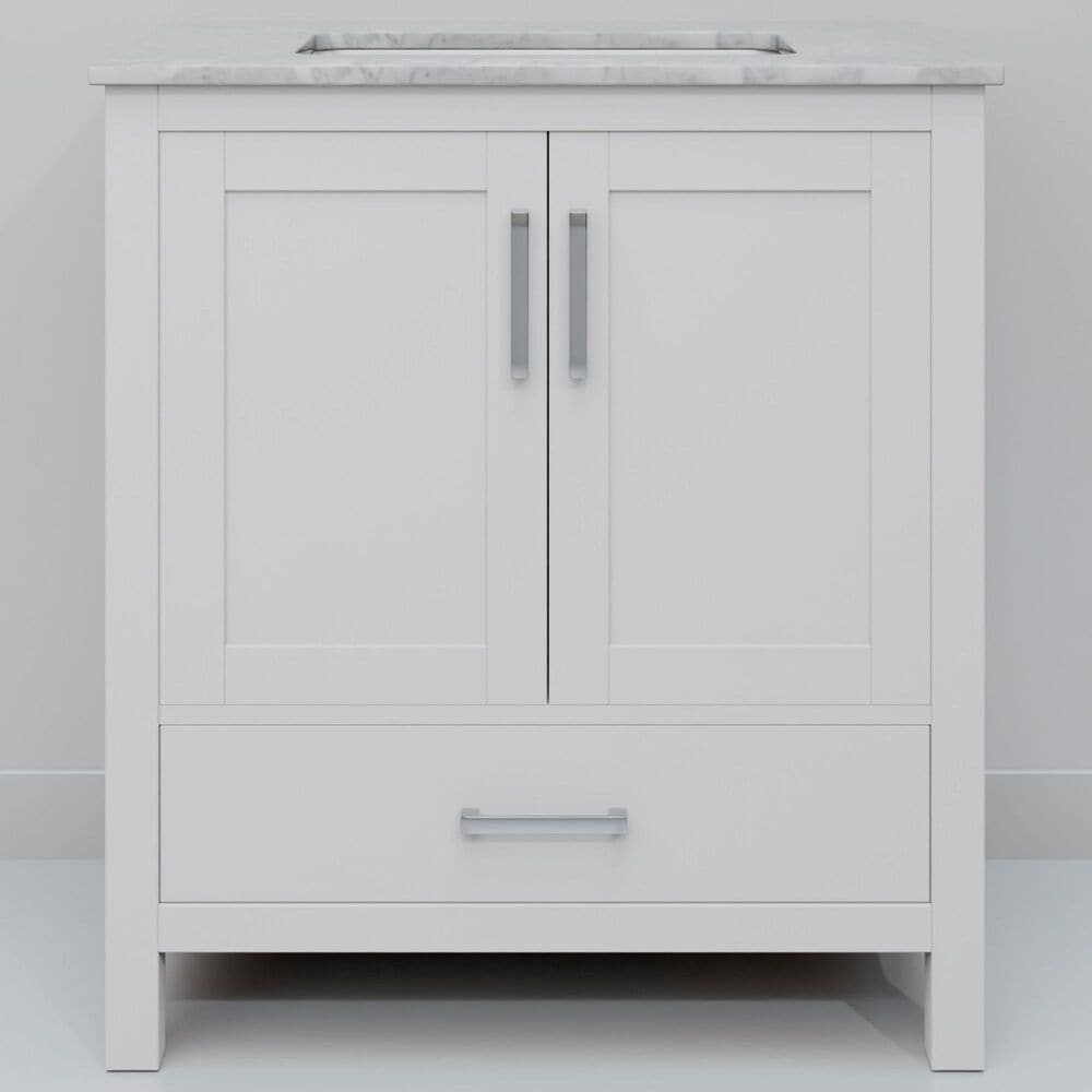 Lexora Home Jacques 30" Single Bathroom Vanity in White with 2 cm White Carrara Marble Top and Rectangular Sink, , large