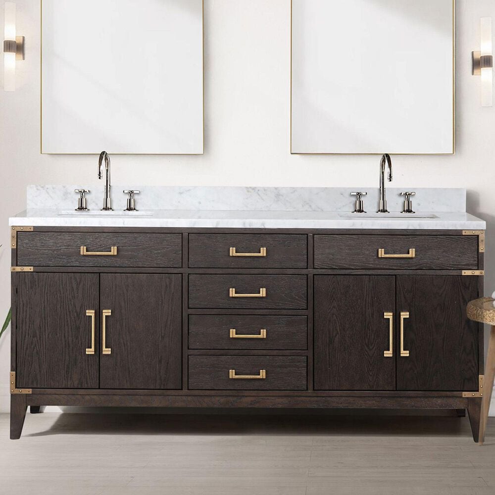 Lexora Home Laurel 72&quot; Double Bathroom Vanity in Brown Oak with White Carrara Marble Top and Rectangular Sinks, , large