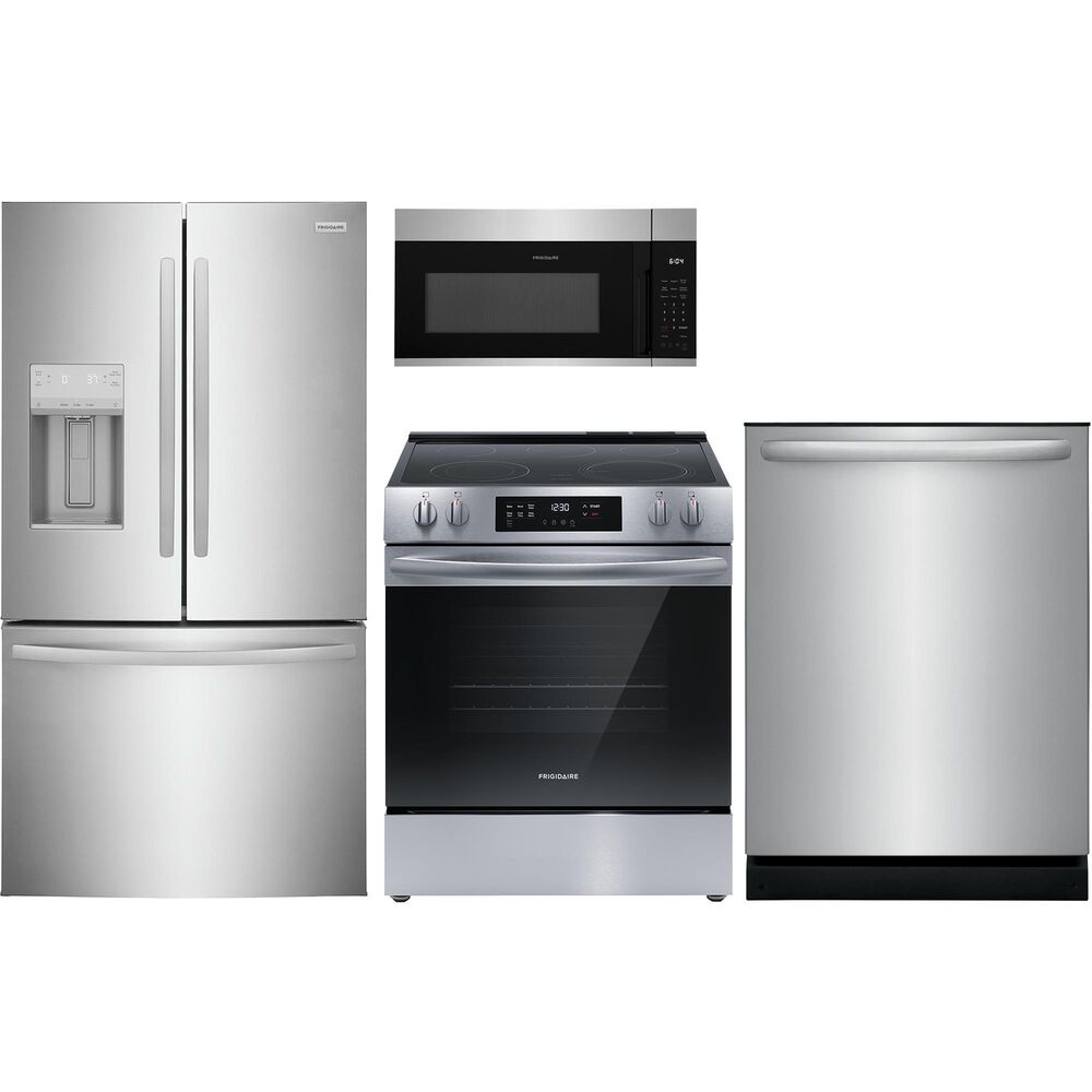 Frigidaire 4PC Kitchen Package with 7.8 Cu. Ft. Freestanding French Door Refrigerator, 30" Front Control Electric Range, 1.8 Cu. Ft. OTR Microwave, and 24" Built-In Dishwasher with DishSense in Stainless Steel, , large