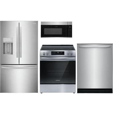 Frigidaire 4PC Kitchen Package with 7.8 Cu. Ft. Freestanding French Door Refrigerator, 30" Front Control Electric Range, 1.8 Cu. Ft. OTR Microwave, and 24" Built-In Dishwasher with DishSense in Stainless Steel, , large